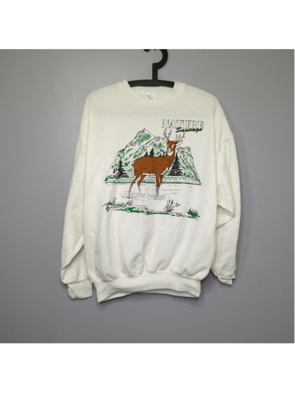 Vintage 90s Deer Mountain Nature Sauvage Graphic Crewneck Sweatshirt White XL